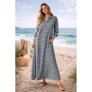 Natural Life Drew Blue Floral Paisley Cotton Maxi Boho Shirt Dress M Pockets